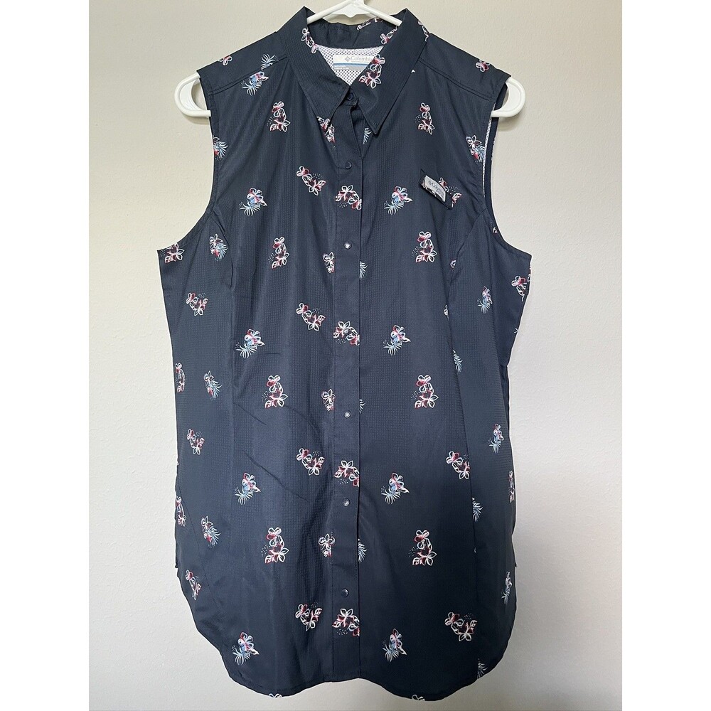 Columbia Floral Sleeveless Button Up Fishing Vest Shirt Breathable Vent Womens L